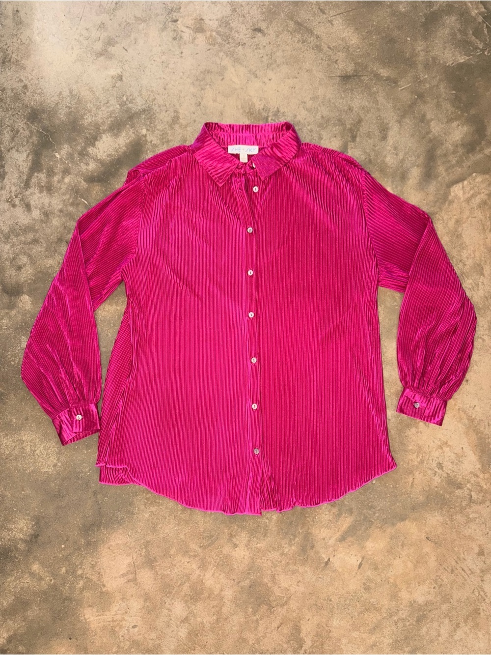 She + Sky Hot Pink Pleated Satin Button Up Blouse Small